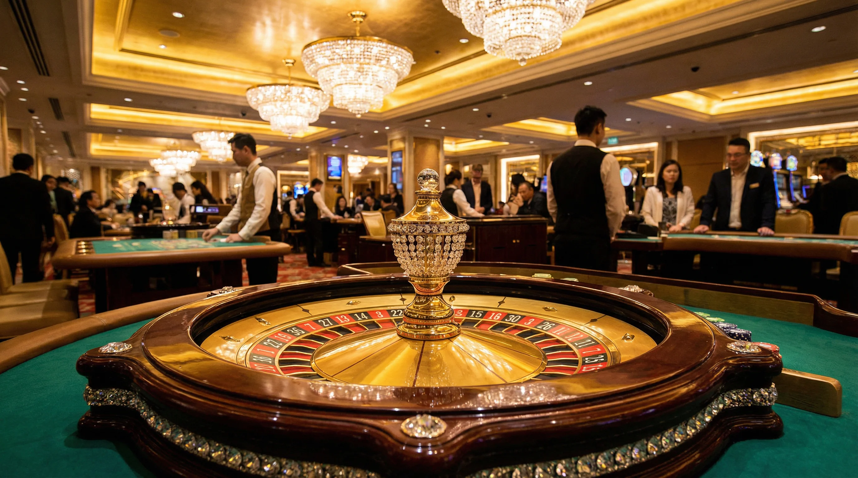 Ruleta europea con números rojos y negros girando en casino de lujo